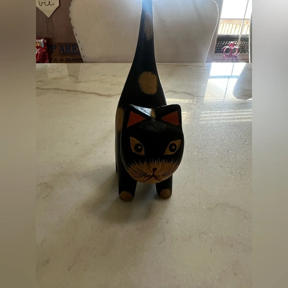 VTG Hand Carved Wooden Black Cat Figurine Folk Art Hand Painted Spotted Kitty